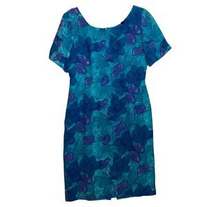 Vtg August Hale Silk Floral Print Dress Short Sleeve Women Size 4 Turquoise